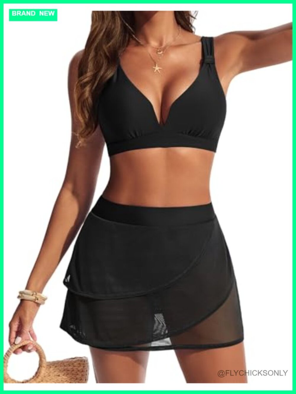 Women High Waisted Bikini Sets 2 Piece V Neck Mesh Swim Skirt